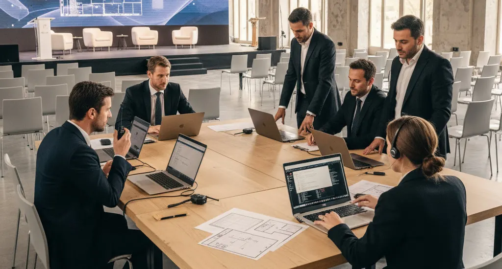 Equipo de CREA Group Events Coordinando un Evento en Barcelona Equipo de gestión de eventos de CREA Group Events coordinando un evento corporativo en un espacio de Barcelona con portátiles y equipo técnico.